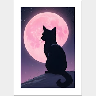 Pink moon cat Posters and Art